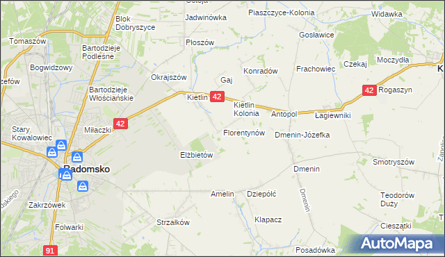 mapa Florentynów gmina Kodrąb, Florentynów gmina Kodrąb na mapie Targeo