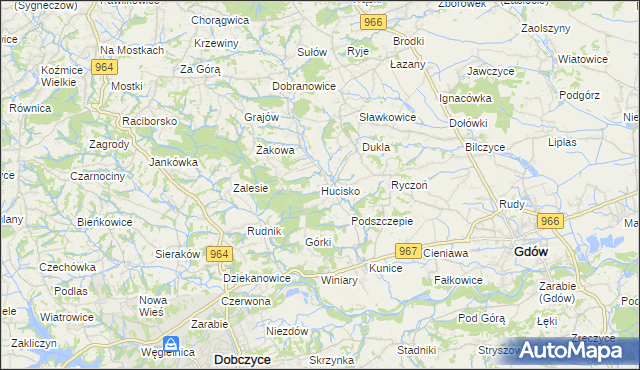 mapa Hucisko gmina Gdów, Hucisko gmina Gdów na mapie Targeo