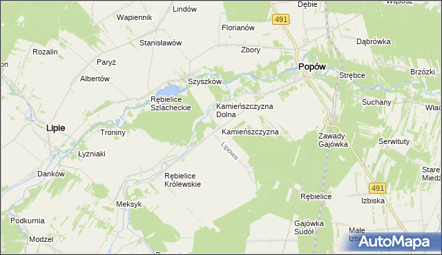 mapa Kamieńszczyzna gmina Popów, Kamieńszczyzna gmina Popów na mapie Targeo