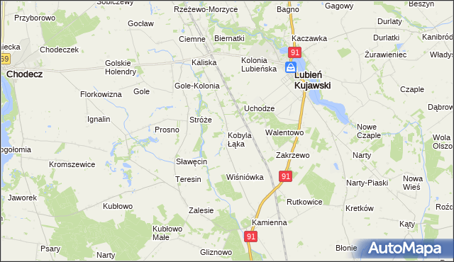 mapa Kobyla Łąka gmina Lubień Kujawski, Kobyla Łąka gmina Lubień Kujawski na mapie Targeo