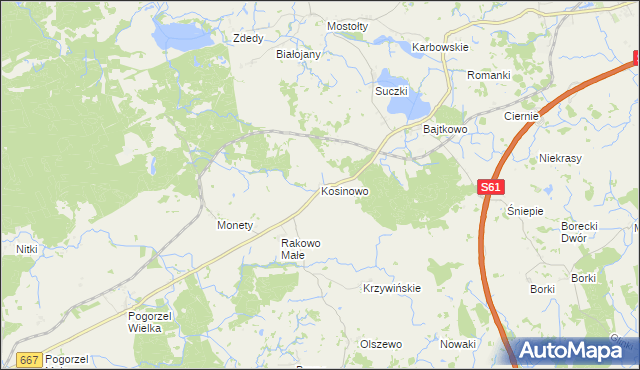 mapa Kosinowo gmina Prostki, Kosinowo gmina Prostki na mapie Targeo