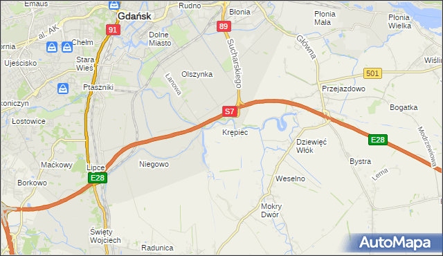 mapa Krępiec gmina Pruszcz Gdański, Krępiec gmina Pruszcz Gdański na mapie Targeo