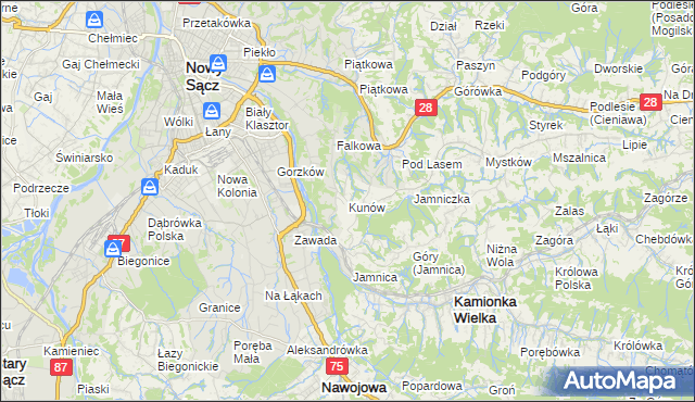 mapa Kunów gmina Chełmiec, Kunów gmina Chełmiec na mapie Targeo