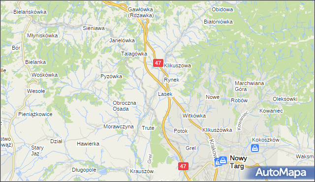 mapa Lasek gmina Nowy Targ, Lasek gmina Nowy Targ na mapie Targeo