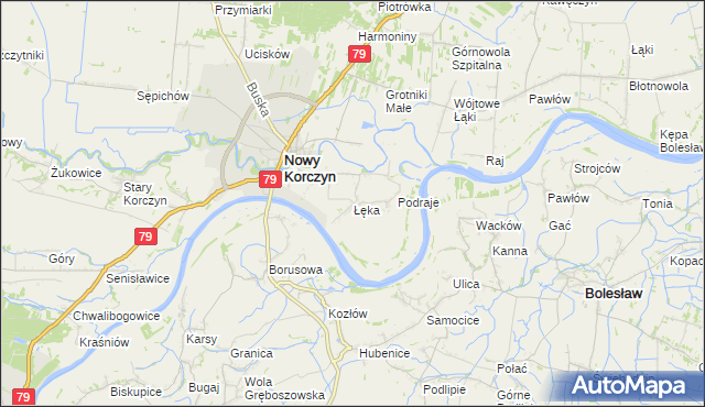 mapa Łęka gmina Nowy Korczyn, Łęka gmina Nowy Korczyn na mapie Targeo