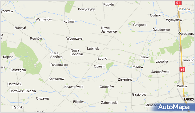 mapa Łubno gmina Daszyna, Łubno gmina Daszyna na mapie Targeo