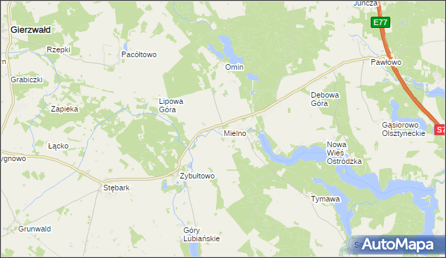 mapa Mielno gmina Grunwald, Mielno gmina Grunwald na mapie Targeo
