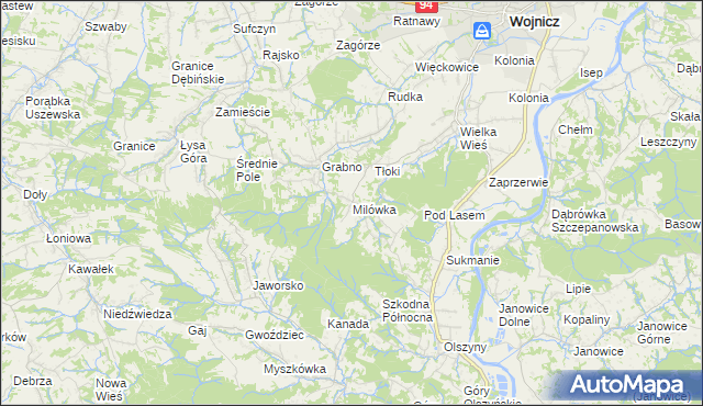 mapa Milówka gmina Wojnicz, Milówka gmina Wojnicz na mapie Targeo