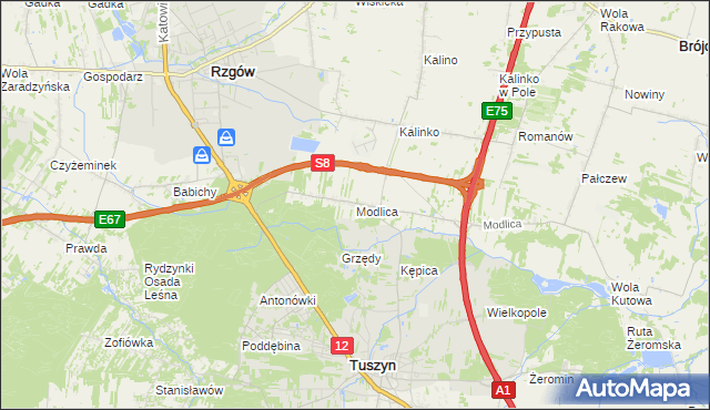 mapa Modlica gmina Tuszyn, Modlica gmina Tuszyn na mapie Targeo