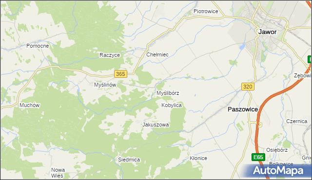 mapa Myślibórz gmina Paszowice, Myślibórz gmina Paszowice na mapie Targeo