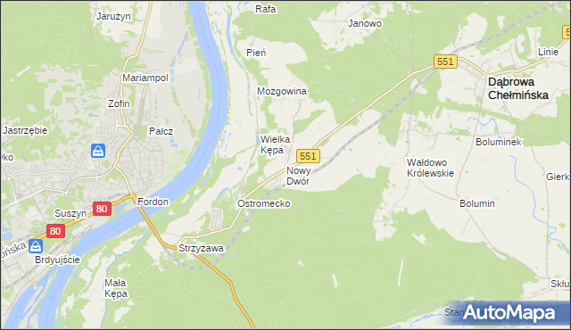 mapa Nowy Dwór gmina Dąbrowa Chełmińska, Nowy Dwór gmina Dąbrowa Chełmińska na mapie Targeo