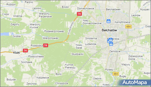 mapa Nowy Świat gmina Bełchatów, Nowy Świat gmina Bełchatów na mapie Targeo