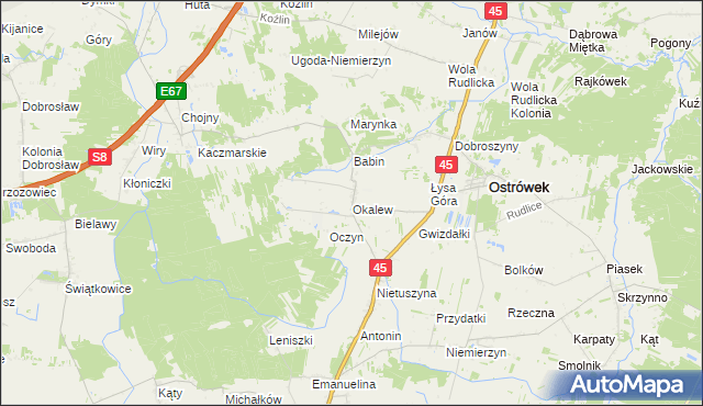 mapa Okalew gmina Ostrówek, Okalew gmina Ostrówek na mapie Targeo