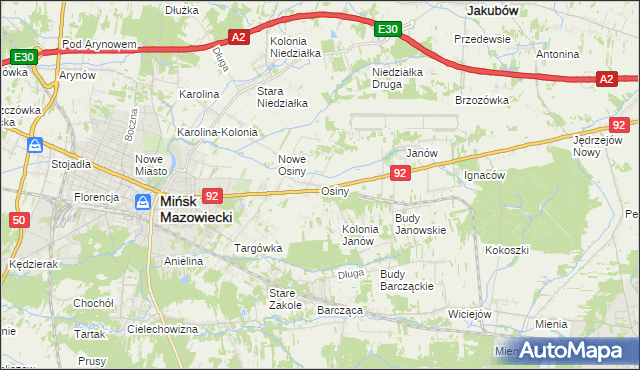 mapa Osiny gmina Mińsk Mazowiecki, Osiny gmina Mińsk Mazowiecki na mapie Targeo