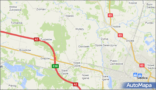 mapa Ostrówek gmina Siedlce, Ostrówek gmina Siedlce na mapie Targeo