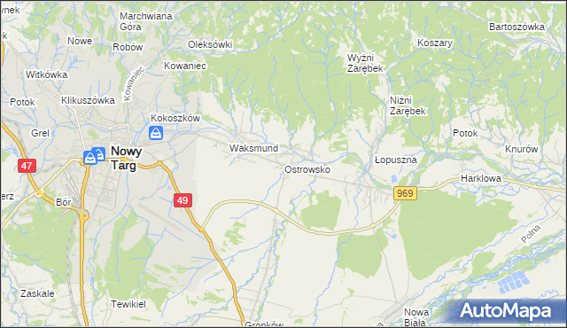 mapa Ostrowsko gmina Nowy Targ, Ostrowsko gmina Nowy Targ na mapie Targeo
