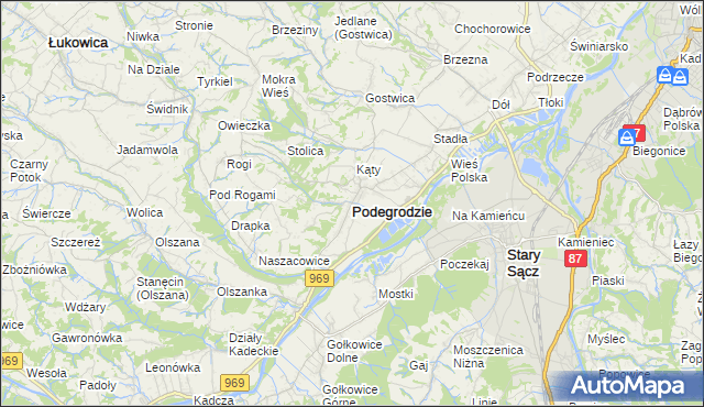 mapa Podegrodzie powiat nowosądecki, Podegrodzie powiat nowosądecki na mapie Targeo