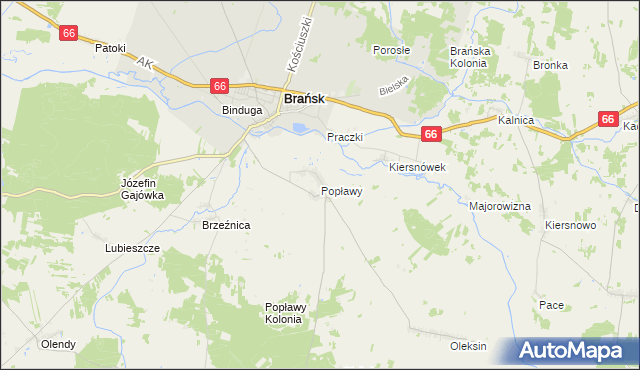 mapa Popławy gmina Brańsk, Popławy gmina Brańsk na mapie Targeo