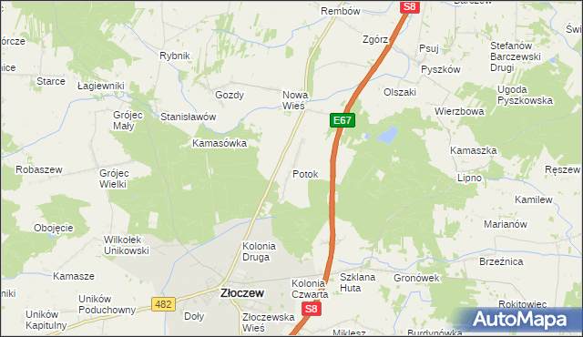 mapa Potok gmina Złoczew, Potok gmina Złoczew na mapie Targeo