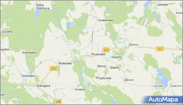 mapa Rusinowo gmina Świdwin, Rusinowo gmina Świdwin na mapie Targeo