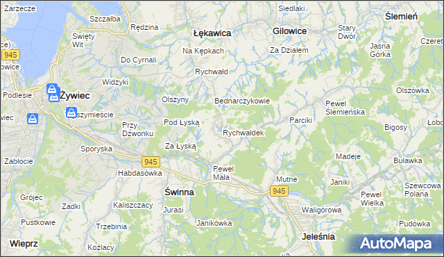 mapa Rychwałdek, Rychwałdek na mapie Targeo