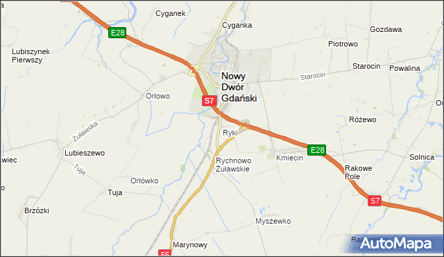 mapa Ryki gmina Nowy Dwór Gdański, Ryki gmina Nowy Dwór Gdański na mapie Targeo