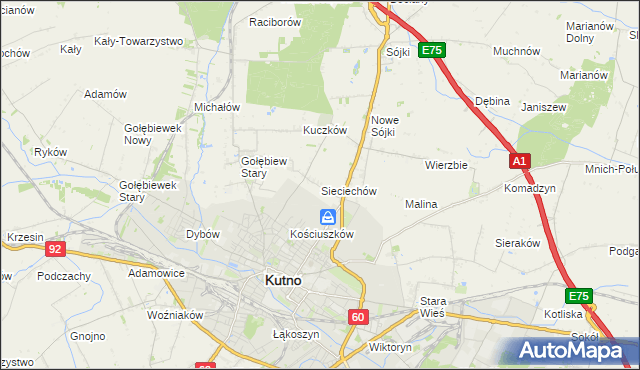 mapa Sieciechów gmina Kutno, Sieciechów gmina Kutno na mapie Targeo