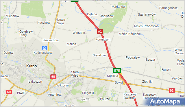 mapa Sieraków gmina Kutno, Sieraków gmina Kutno na mapie Targeo