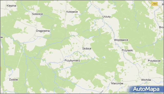 mapa Skibice gmina Nowogród Bobrzański, Skibice gmina Nowogród Bobrzański na mapie Targeo
