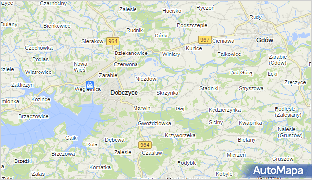 mapa Skrzynka gmina Dobczyce, Skrzynka gmina Dobczyce na mapie Targeo
