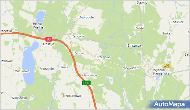 mapa Strzegowo gmina Wolin, Strzegowo gmina Wolin na mapie Targeo