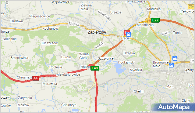 mapa Szczyglice gmina Zabierzów, Szczyglice gmina Zabierzów na mapie Targeo