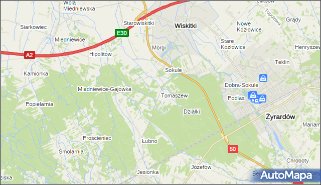 mapa Tomaszew gmina Wiskitki, Tomaszew gmina Wiskitki na mapie Targeo