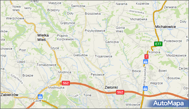 mapa Trojanowice gmina Zielonki, Trojanowice gmina Zielonki na mapie Targeo