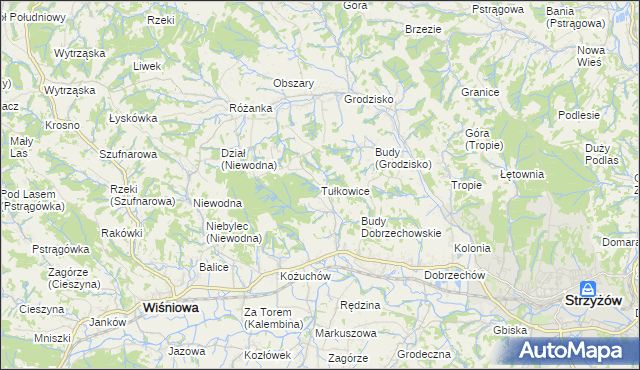 mapa Tułkowice gmina Wiśniowa, Tułkowice gmina Wiśniowa na mapie Targeo