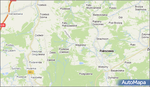 mapa Węgliska gmina Rakszawa, Węgliska gmina Rakszawa na mapie Targeo