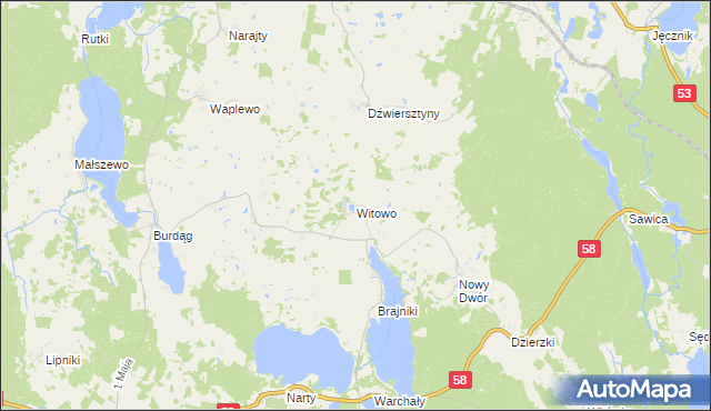 mapa Witowo gmina Jedwabno, Witowo gmina Jedwabno na mapie Targeo