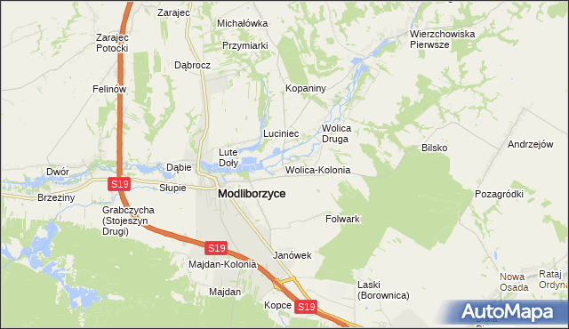 mapa Wolica-Kolonia gmina Modliborzyce, Wolica-Kolonia gmina Modliborzyce na mapie Targeo