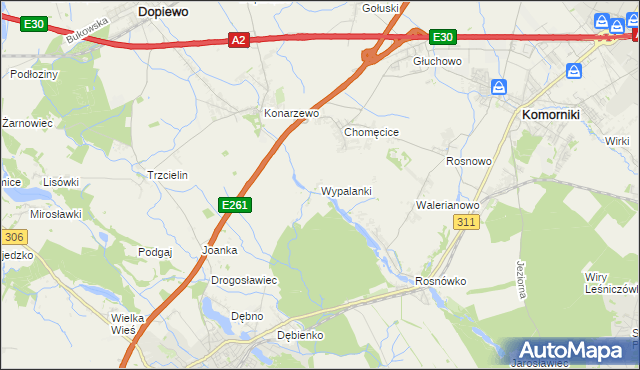 mapa Wypalanki gmina Komorniki, Wypalanki gmina Komorniki na mapie Targeo