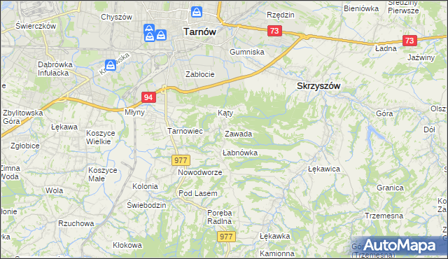 mapa Zawada gmina Tarnów, Zawada gmina Tarnów na mapie Targeo