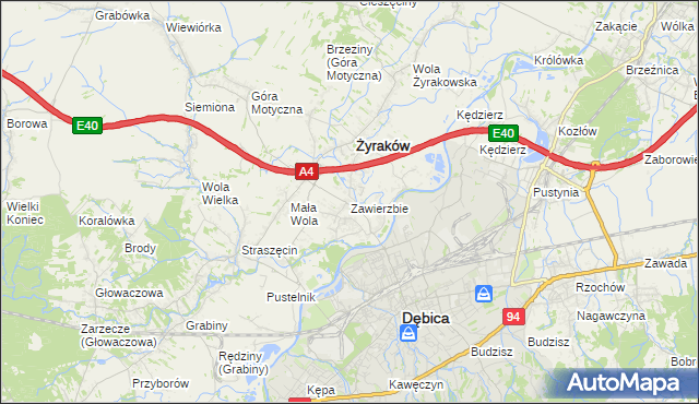 mapa Zawierzbie gmina Żyraków, Zawierzbie gmina Żyraków na mapie Targeo