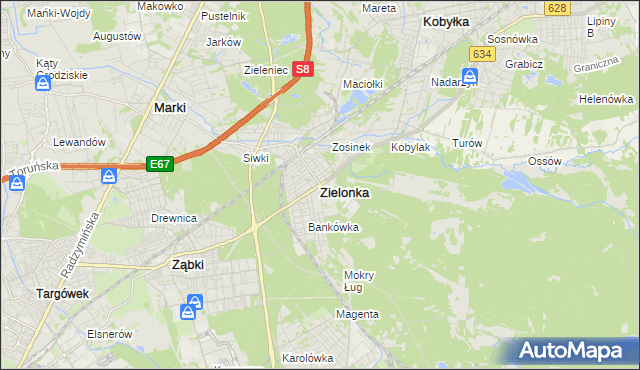 mapa Zielonka powiat wołomiński, Zielonka powiat wołomiński na mapie Targeo