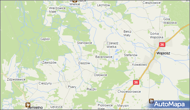 mapa Baranowice gmina Wąsosz, Baranowice gmina Wąsosz na mapie Targeo