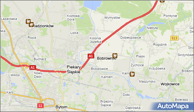 mapa Bobrowniki powiat będziński, Bobrowniki powiat będziński na mapie Targeo