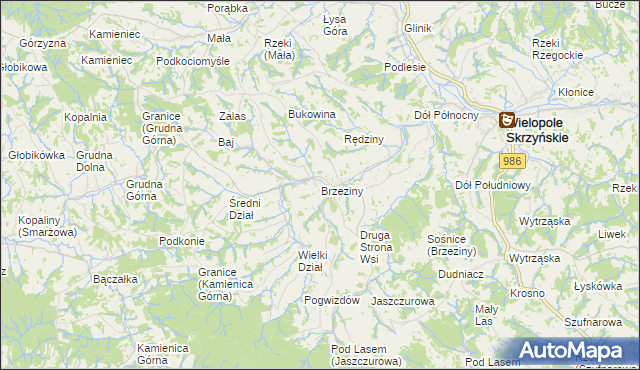 mapa Brzeziny gmina Wielopole Skrzyńskie, Brzeziny gmina Wielopole Skrzyńskie na mapie Targeo