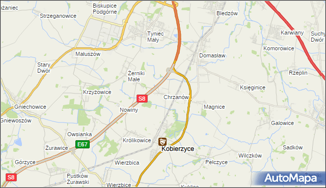 mapa Chrzanów gmina Kobierzyce, Chrzanów gmina Kobierzyce na mapie Targeo
