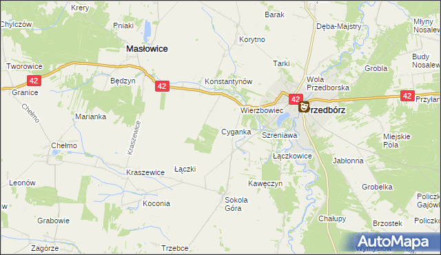 mapa Cyganka gmina Masłowice, Cyganka gmina Masłowice na mapie Targeo
