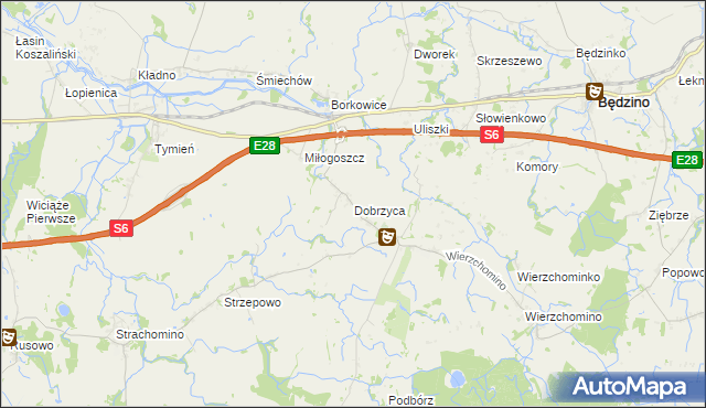 mapa Dobrzyca gmina Będzino, Dobrzyca gmina Będzino na mapie Targeo