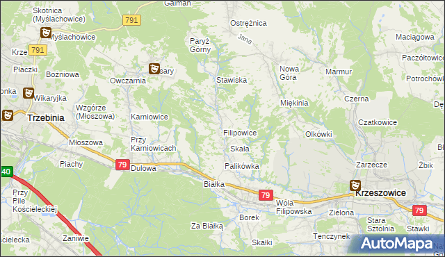 mapa Filipowice gmina Krzeszowice, Filipowice gmina Krzeszowice na mapie Targeo