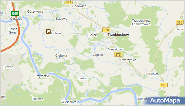 mapa Gębice gmina Trzebiechów, Gębice gmina Trzebiechów na mapie Targeo